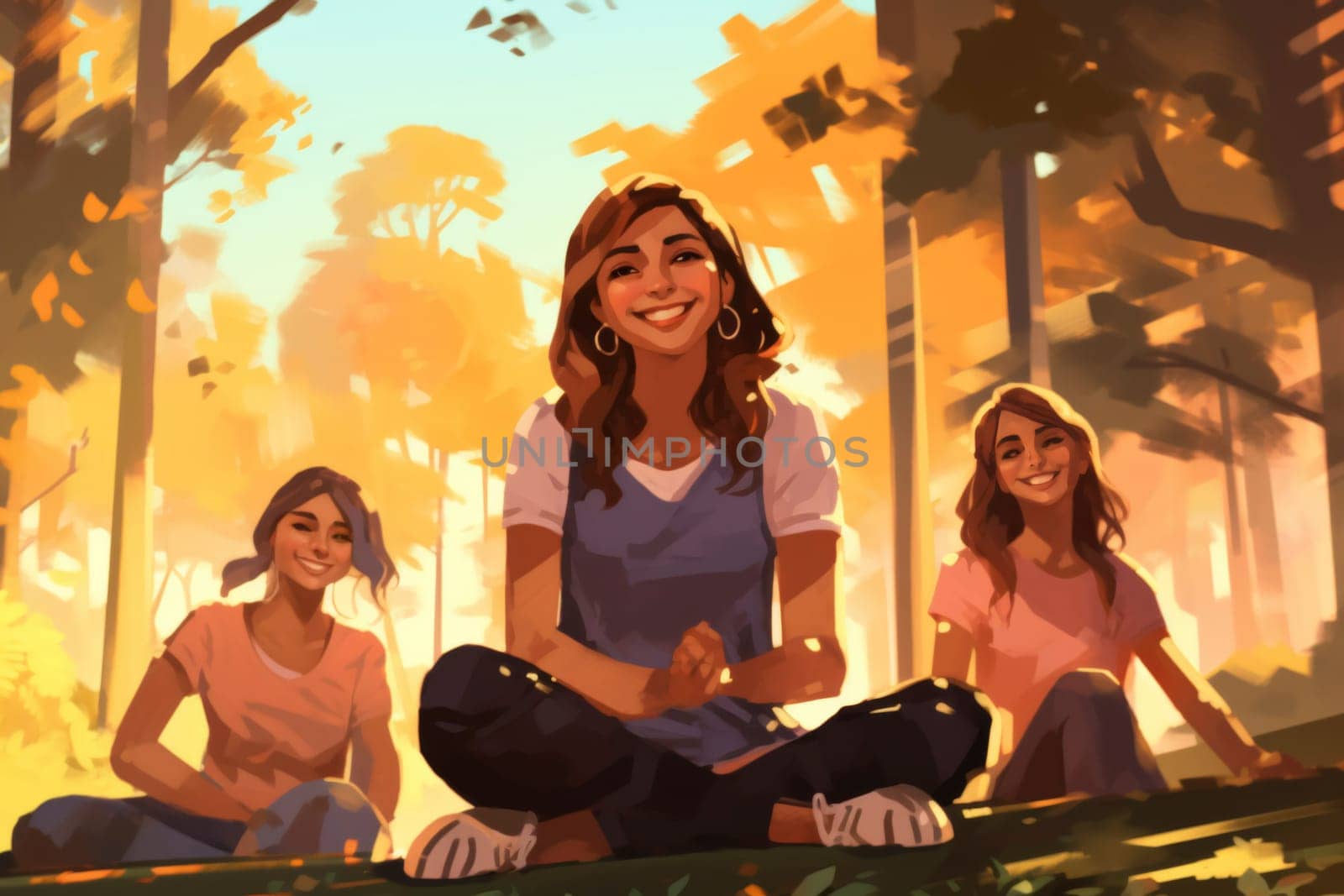 Three smiling young women sitting in a park, basking in the warm glow of the golden hour.