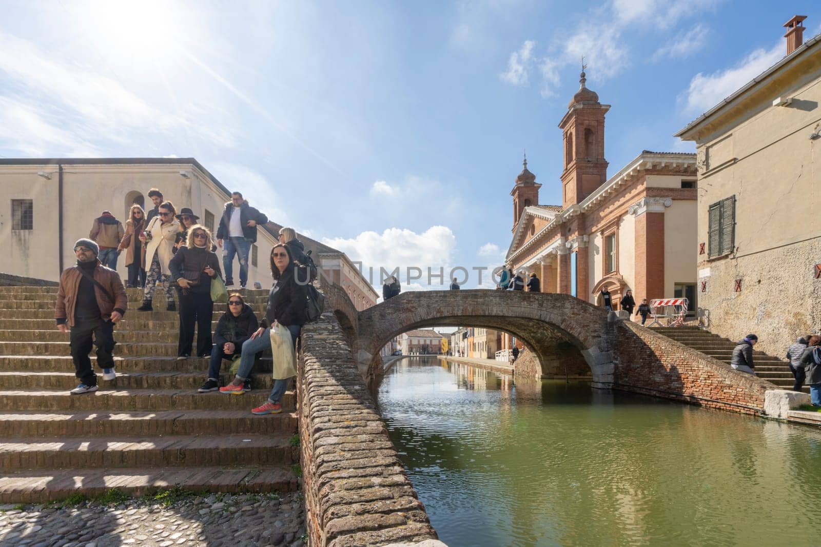 Comacchio, Italy. February 25, 2024.  view of the Bridge of Sbirri in the town center