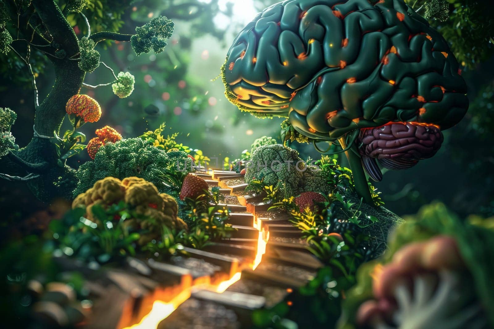 Digital art of a brain-shaped tree in a fantasy forest with fiery neural pathways. Creative concept for neurology and imagination with lush foliage and vibrant colors