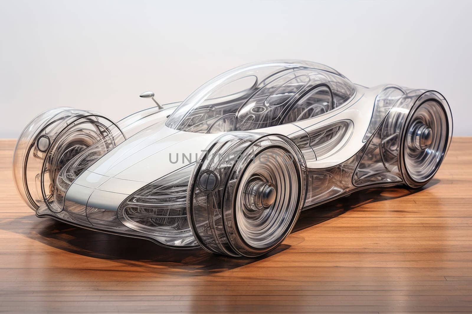Futuristic transparent car design concept on wooden floor. Innovation and technology concept. Design for poster, banner
