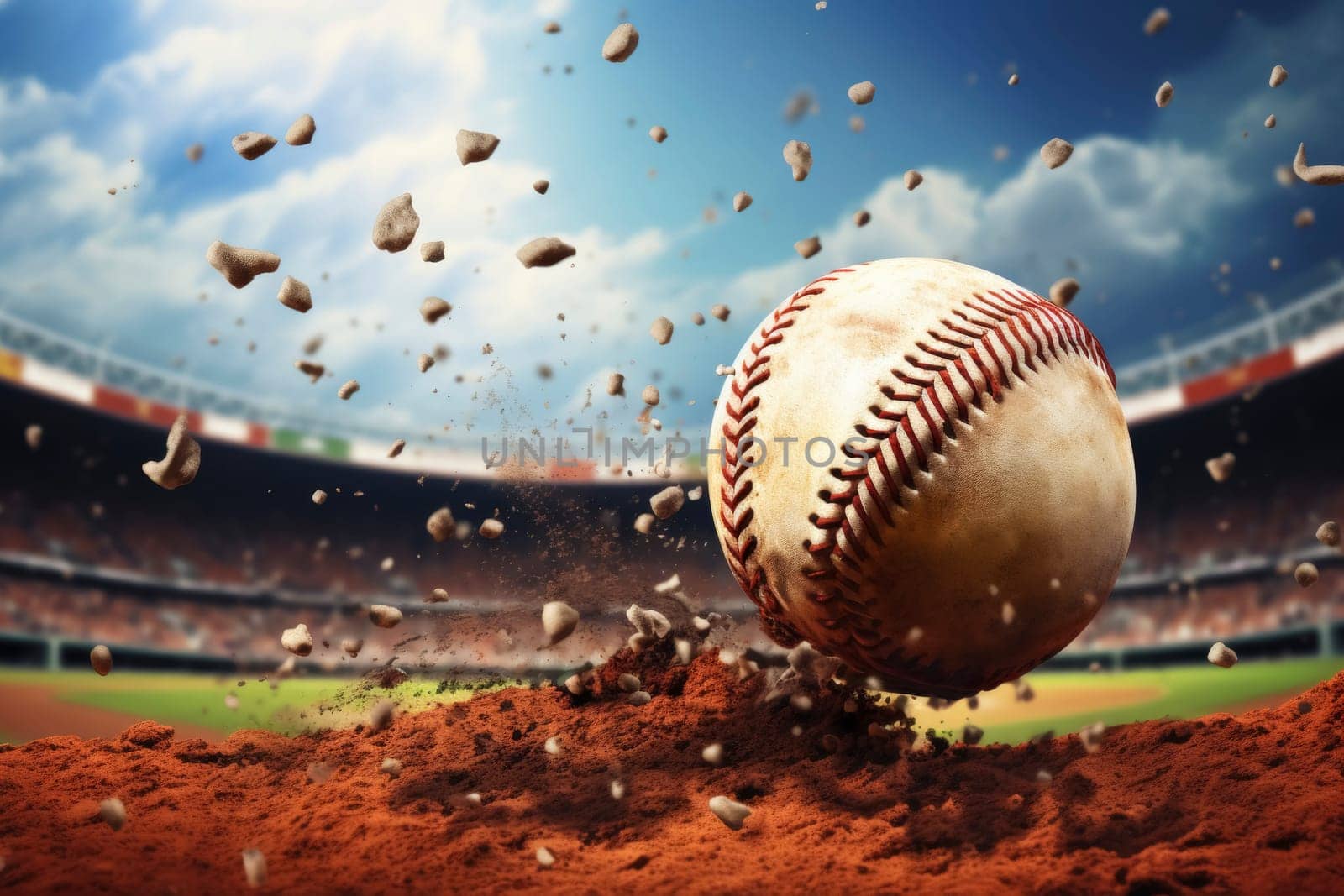 Baseball in motion over home plate with dirt particles. Sports action freeze shot. Baseball game and competition concept for design and print. Dynamic close-up with copy space