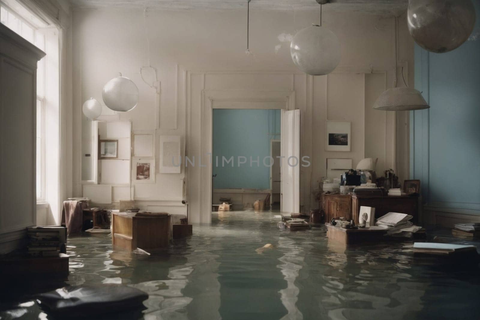 A living room flooded with excessive water, showcasing scattered boxes on the floor.