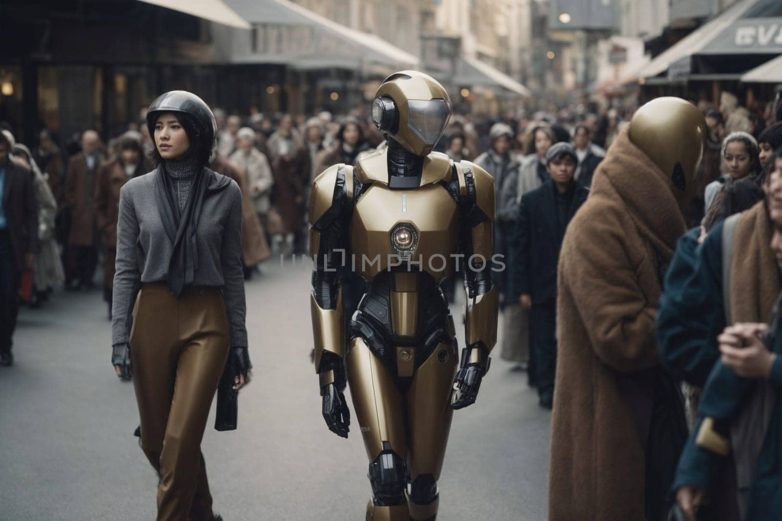 A diverse group of individuals walking side by side on a bustling urban street.