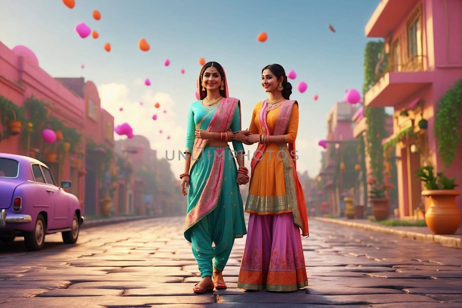 A photo of two women standing side by side on a bustling city street.