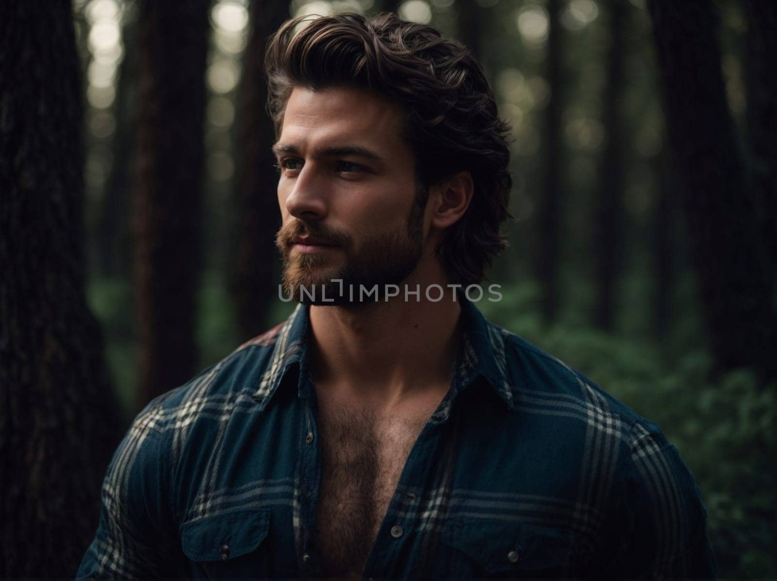 Shirtless Man Walking Through Forest. Generative AI. by artofphoto