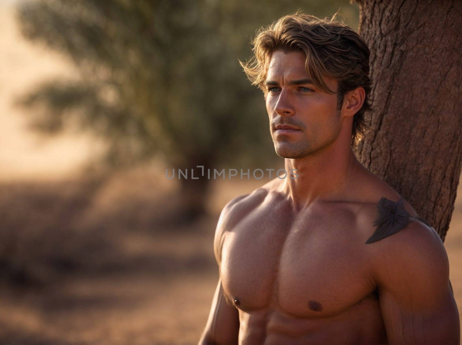 A shirtless man standing confidently next to a tall tree in a serene forest setting.