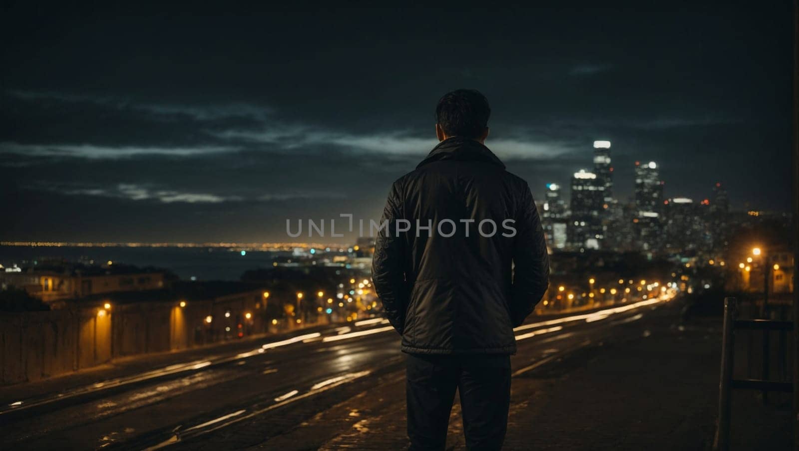 A solitary man stands on the side of a dark road at night, illuminated by the glow of streetlights.