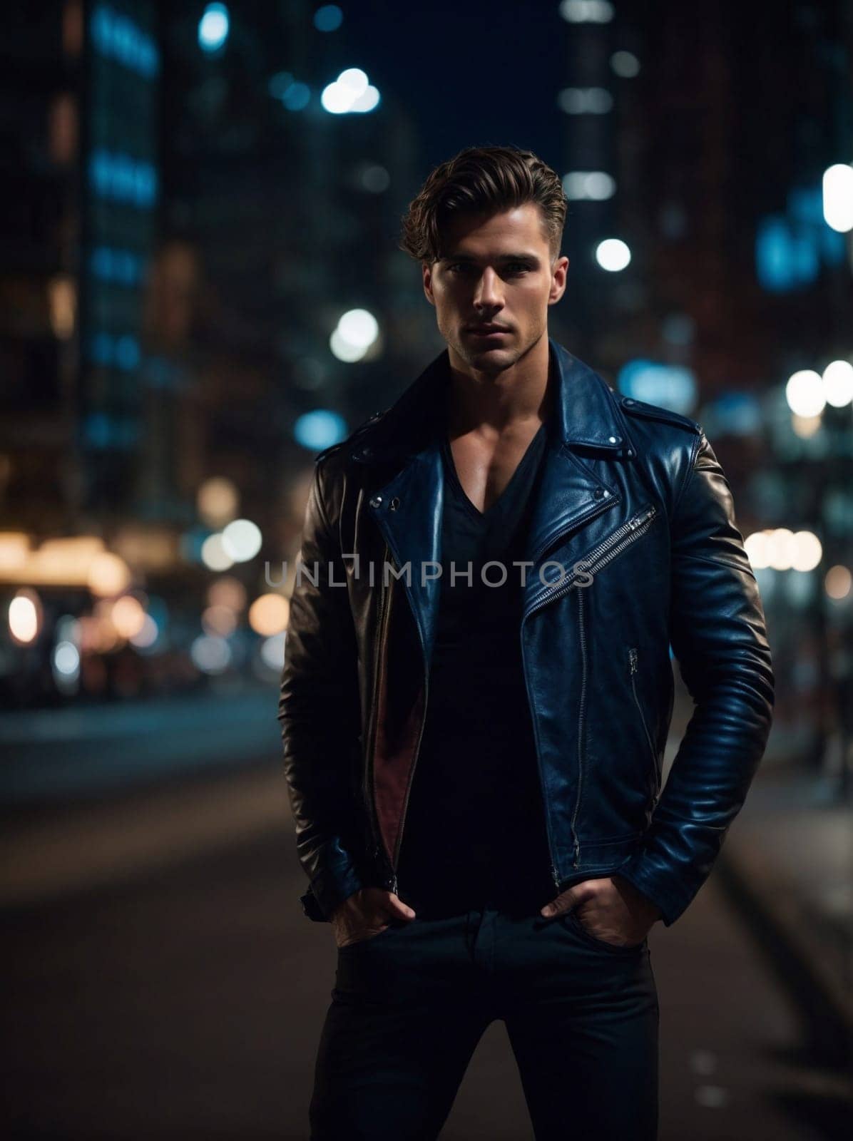 A solitary man wearing a leather jacket stands on a dimly lit street at night.