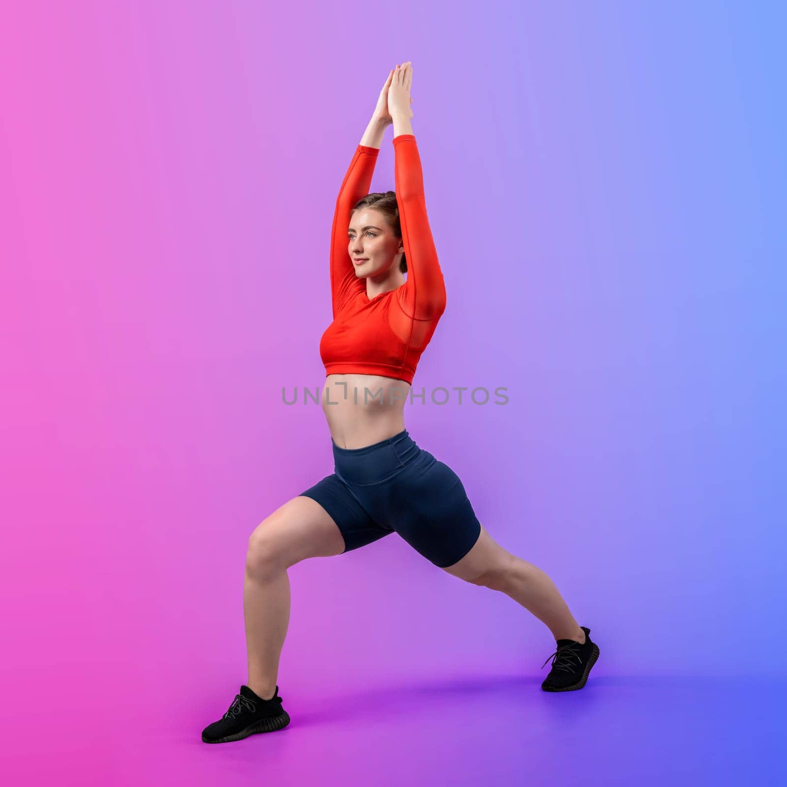 Full body length gaiety shot athletic and sporty woman doing healthy and meditative yoga exercise workout posture on isolated background. Healthy active and body care lifestyle