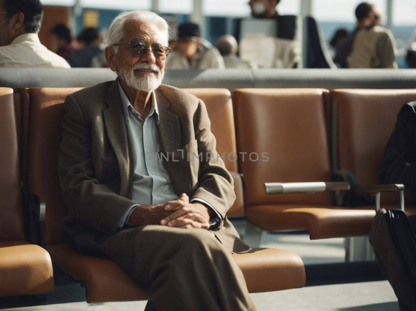 An older man patiently waits for his flight on a bench in the bustling airport.