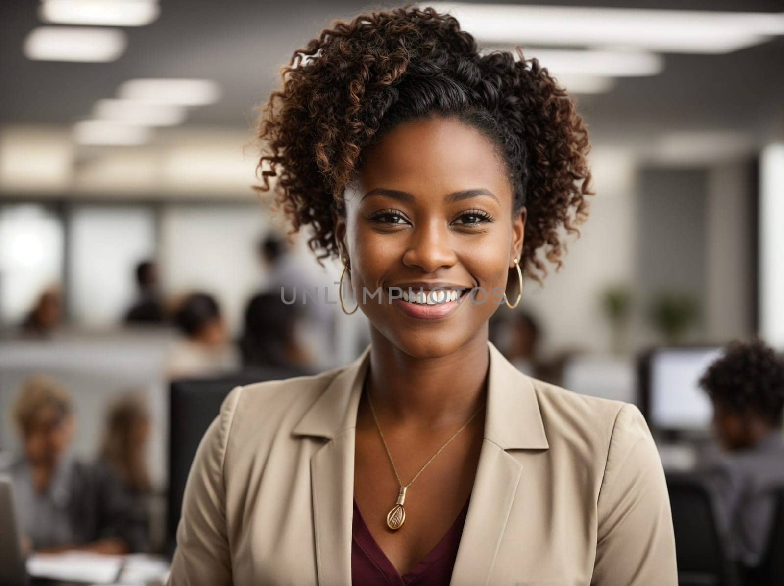 An image of a woman smiling brightly amidst a professional office setup, radiating positivity and warmth.