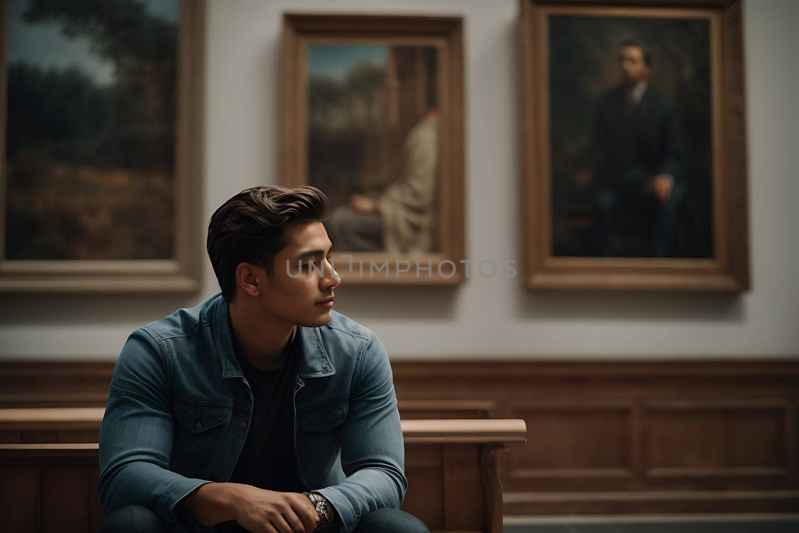 Man Sitting on Bench in Front of Paintings. Generative AI. by artofphoto