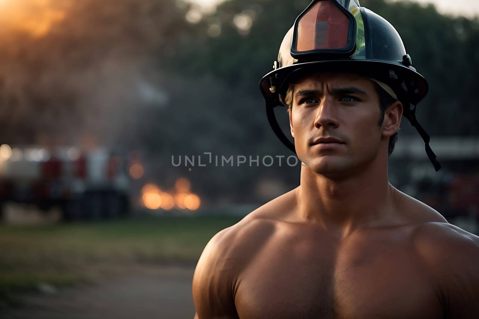 Shirtless Man Wearing Firemans Helmet. Generative AI. by artofphoto