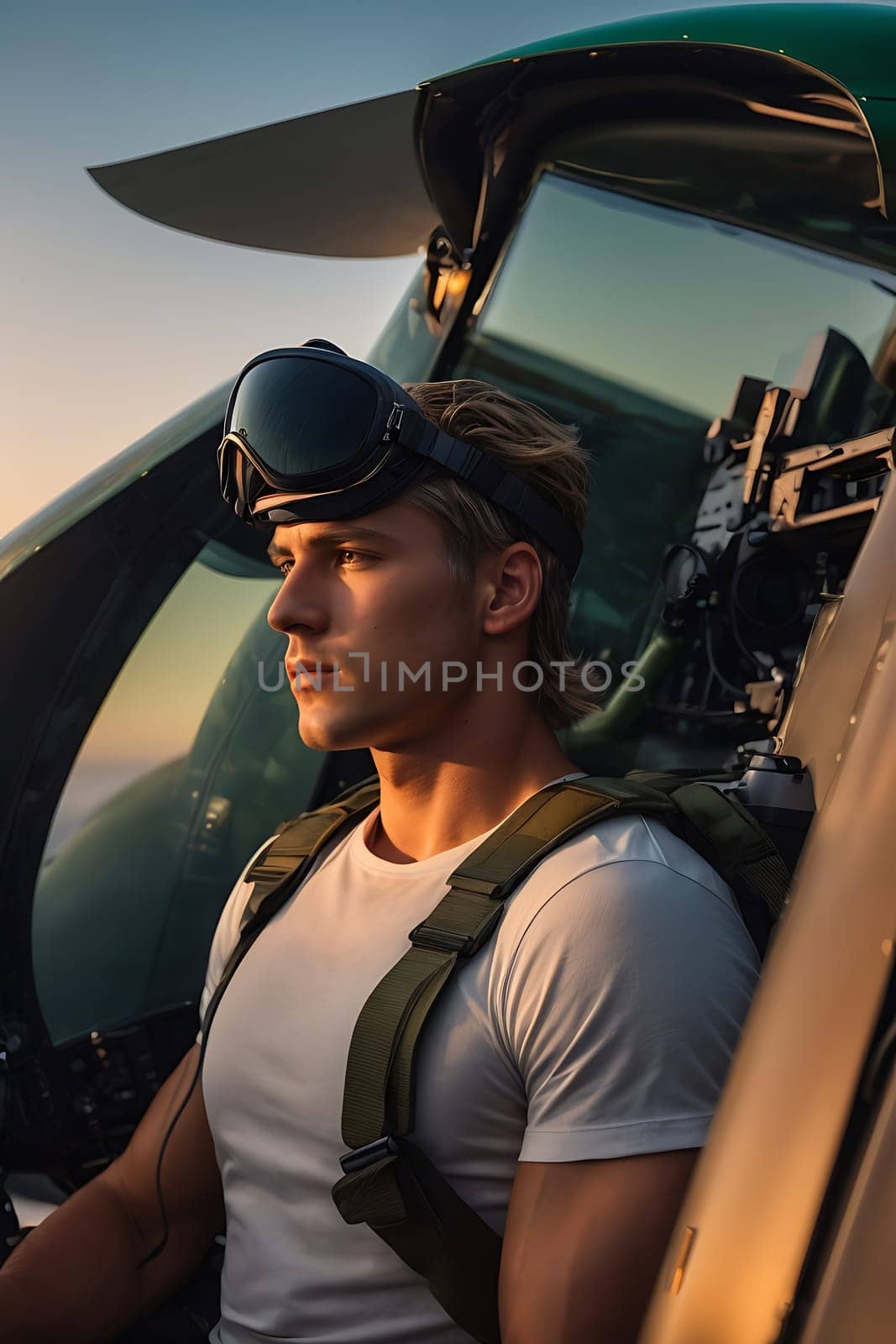 A confident pilot sits in the cockpit of a plane, prepared for departure.