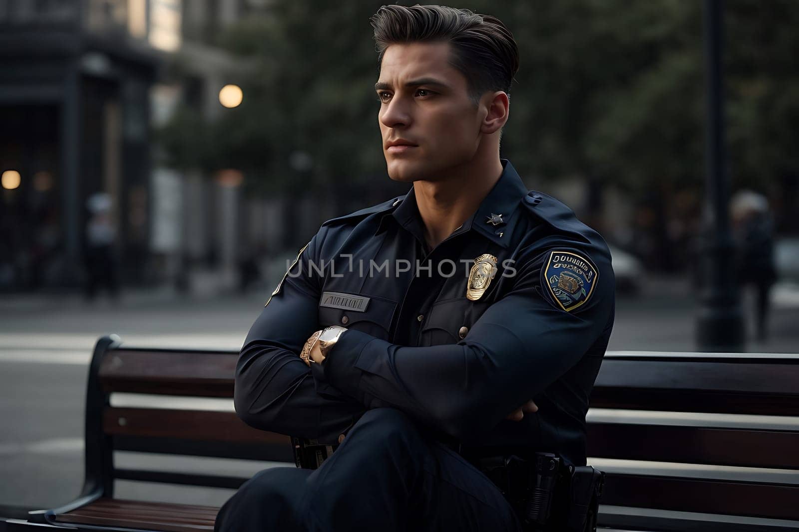 Police Officer Sitting on Bench in Uniform. Generative AI. by artofphoto