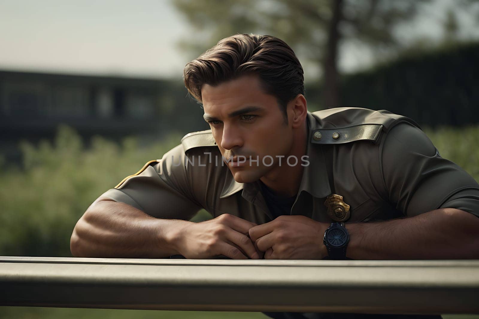 A man wearing a uniform leans casually on a rail, creating a relaxed yet strong visual impact.