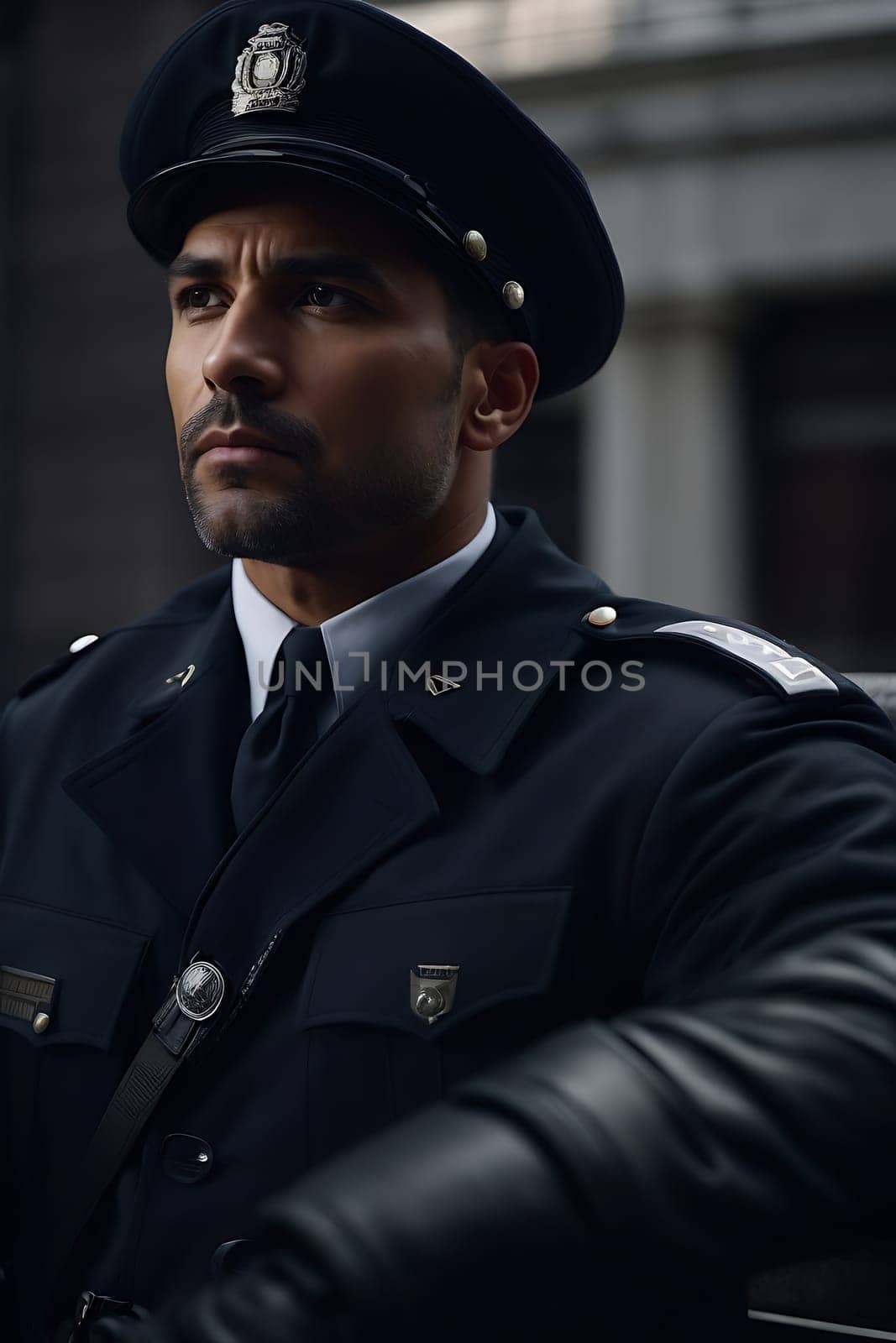 A police officer in uniform stands in front of a building, dutifully protecting and ensuring safety.