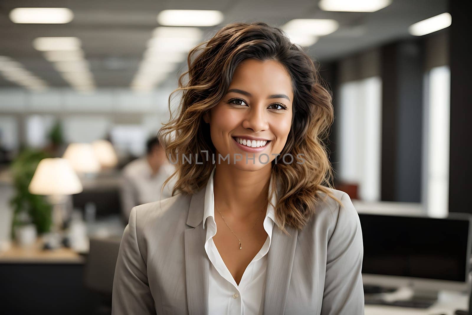 A cheerful woman wearing professional attire smiles in a well-lit office space.
