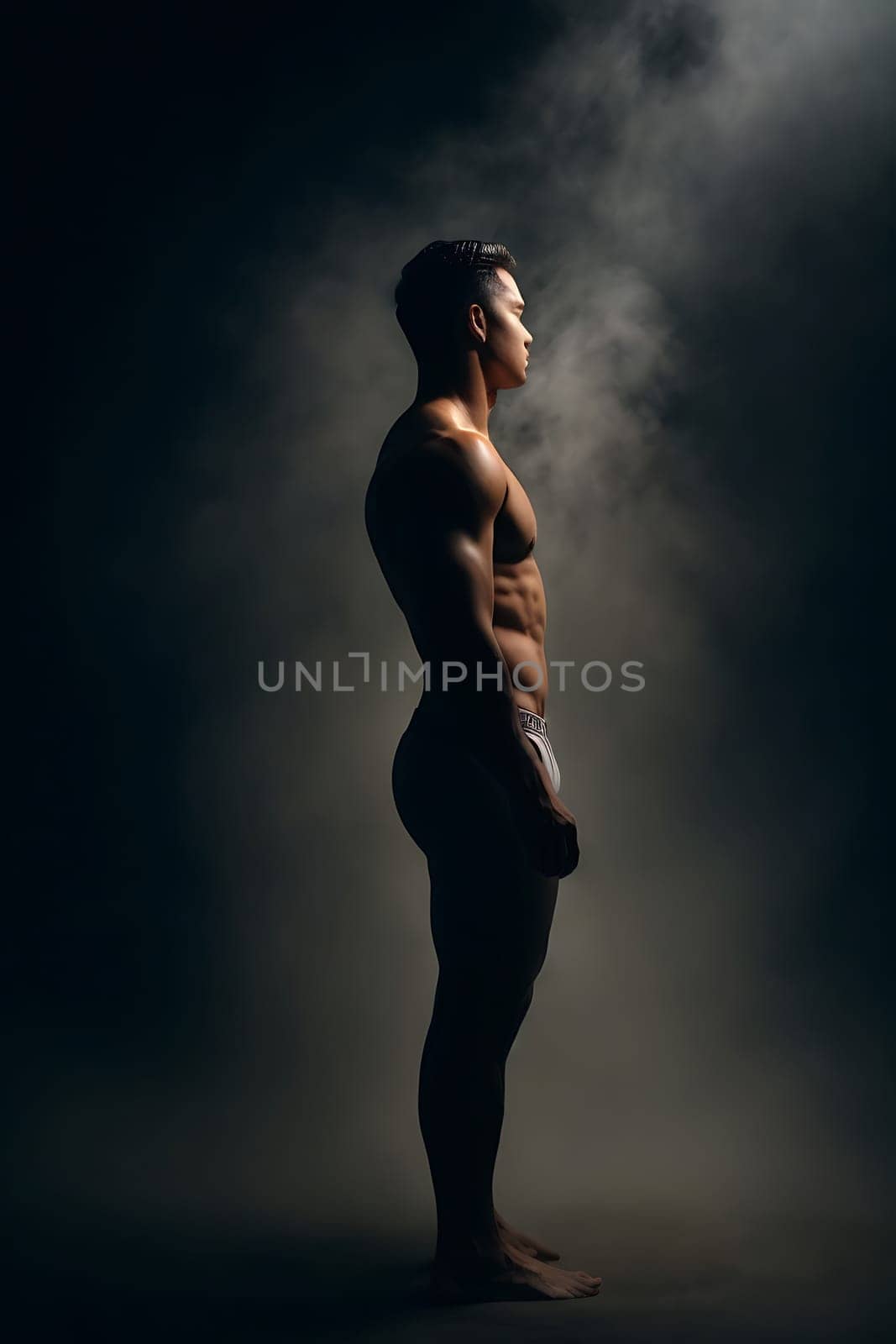 Man Standing in Dark Shirtless. Generative AI. by artofphoto