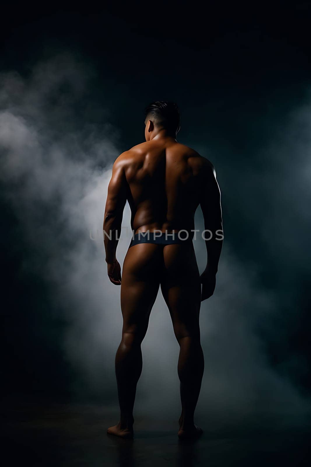 A lone figure of a man wearing only underwear standing in a dimly lit room.