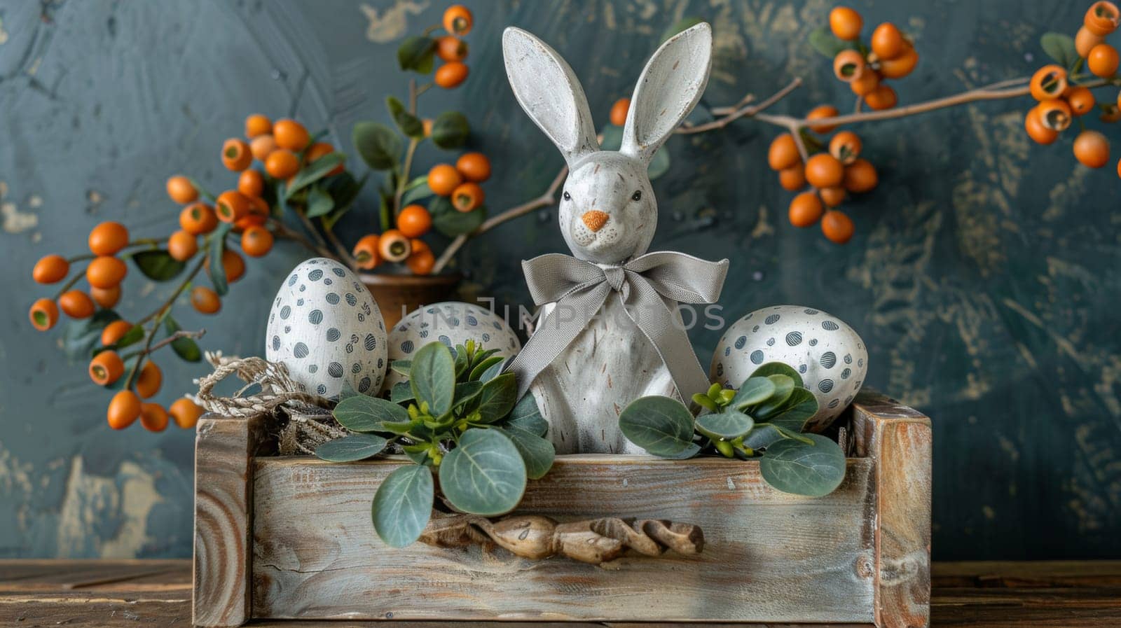 A wooden box with a rabbit and some eggs in it