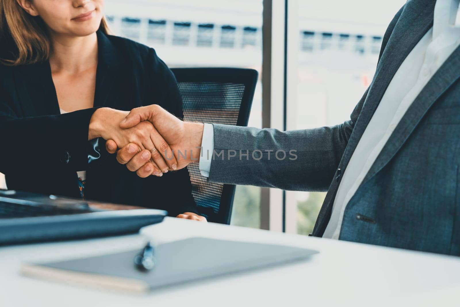 Businessman executive handshake with businesswoman worker in modern workplace office. People corporate business deals concept. uds