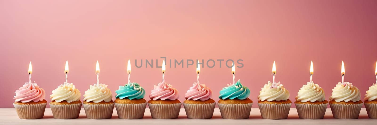 Colorful cupcakes with lit candles are displayed against a pink background, indicating an indoor celebration event marking of joy and celebrating. banner with free space.