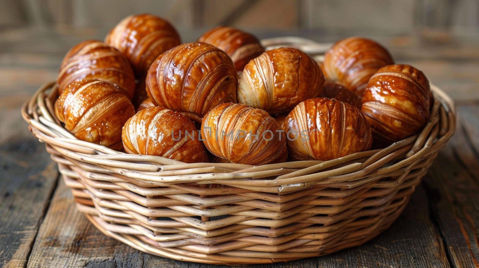 A basket of pastries in a wooden wicker bowl on top of the table, AI by starush
