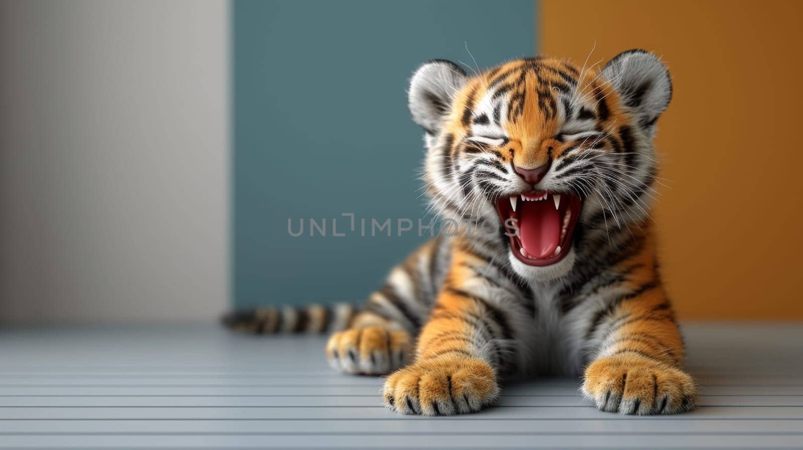 A tiger cub yawning on a table with its mouth open