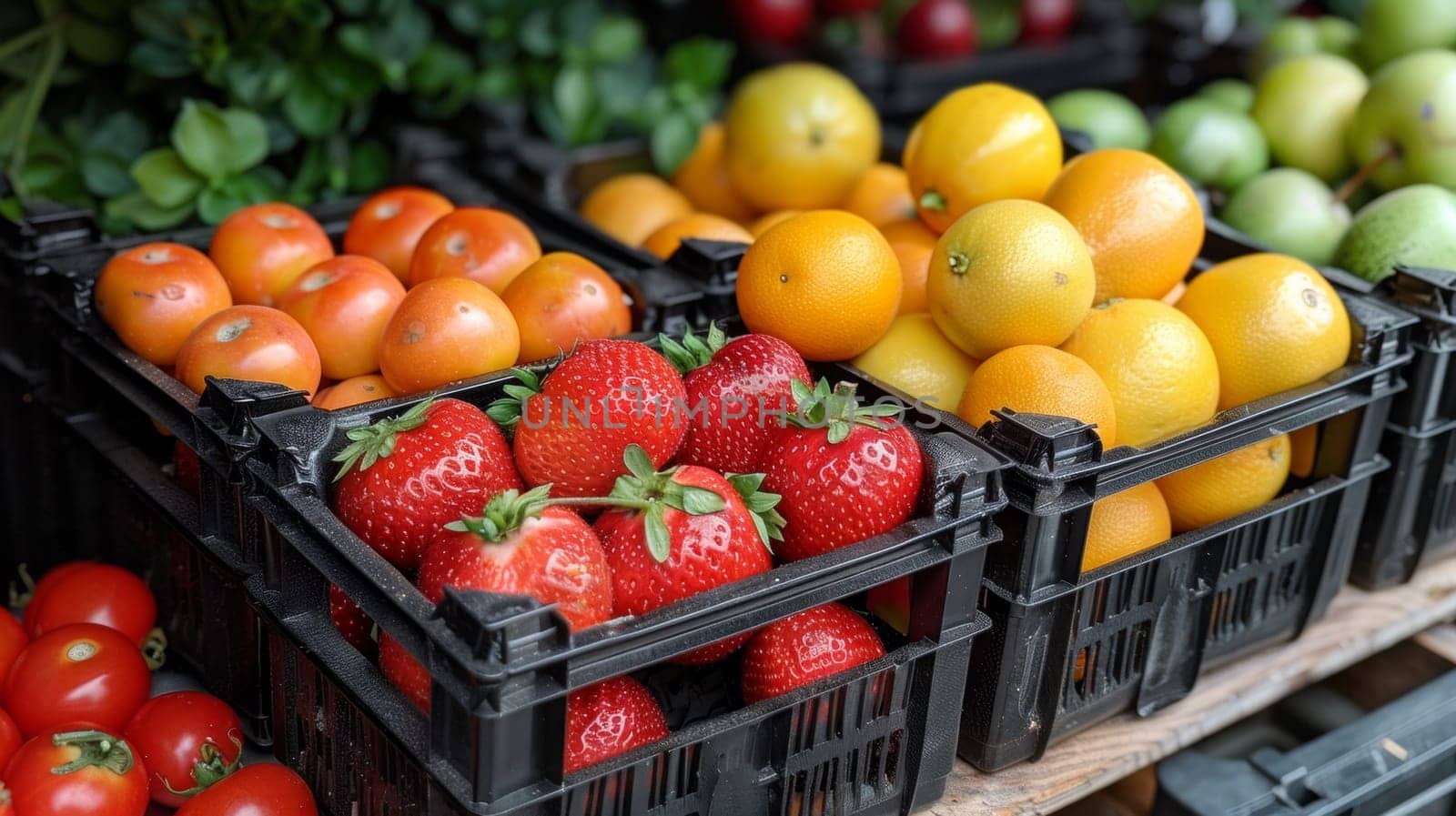 A variety of a bunch of different fruits and vegetables in black boxes