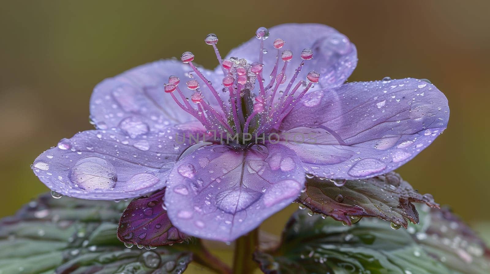 A purple flower with raindrops on it sitting in a green leafy background