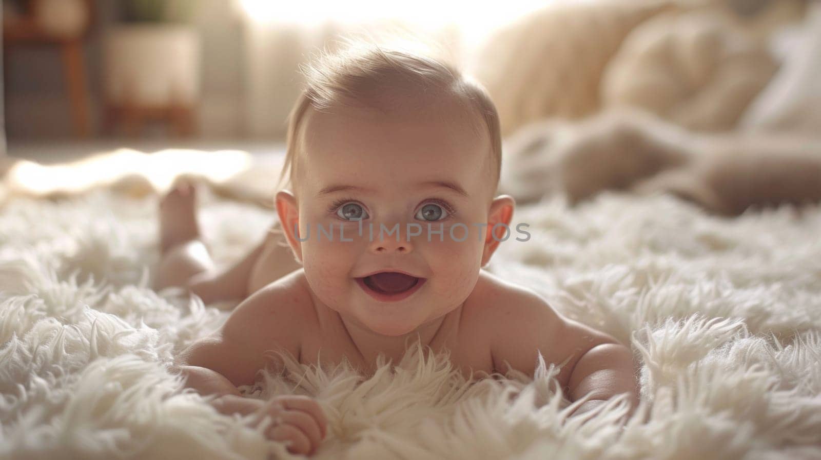 A baby laying on a fluffy white rug smiling at the camera, AI by starush
