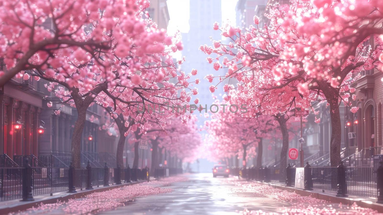 A street lined with pink trees and flowers in bloom