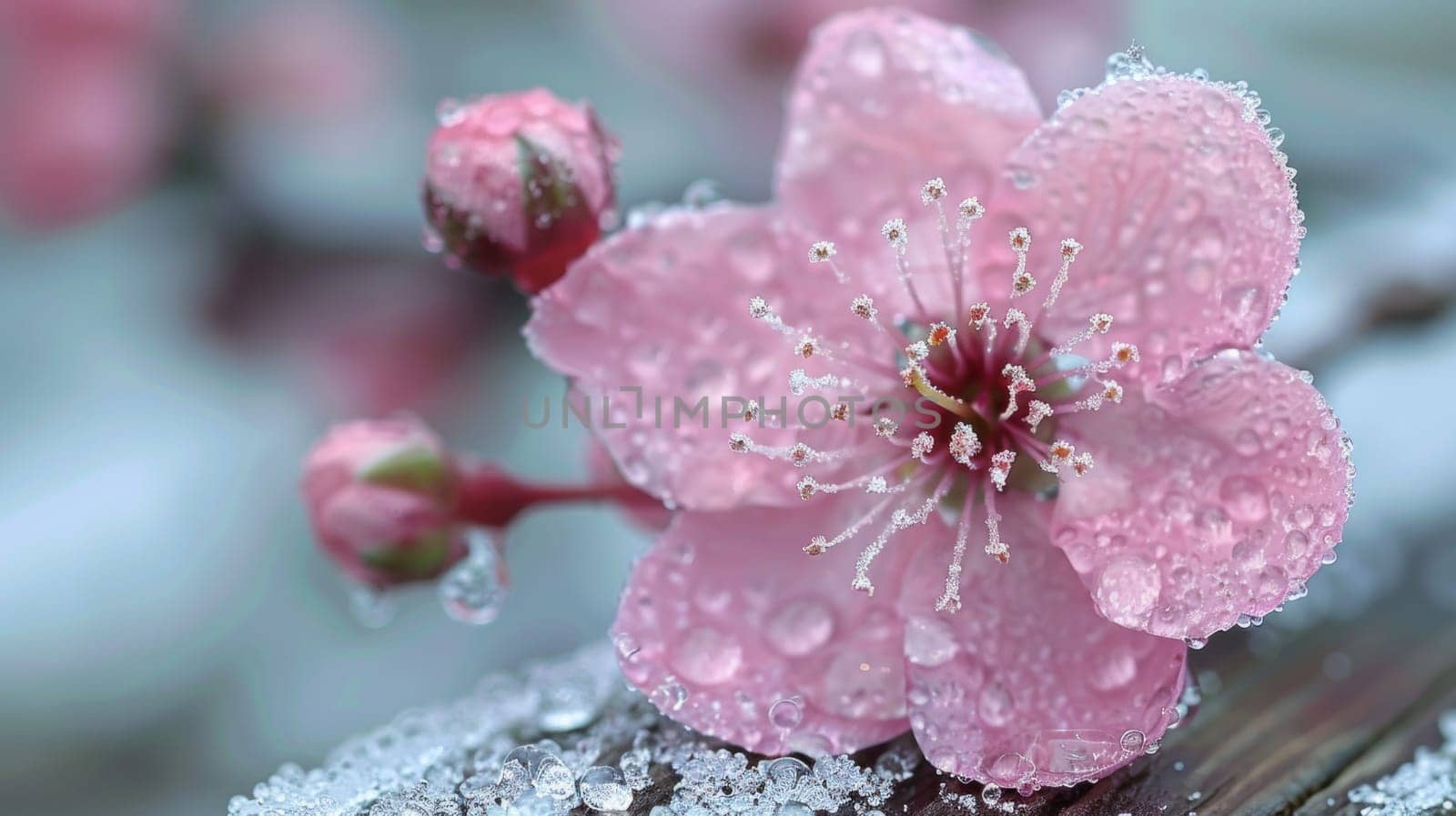 A close up of a pink flower with water droplets on it, AI by starush