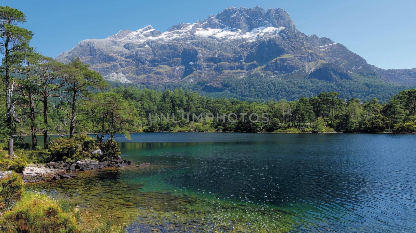 A mountain range with a lake in the middle of it, AI by starush