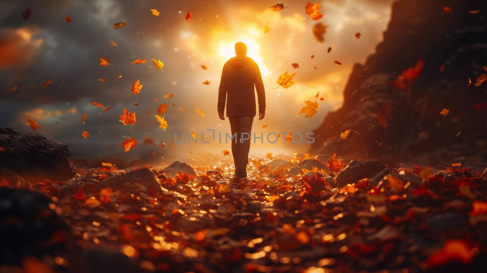 A man walking through a field of leaves with the sun shining behind him, AI by starush