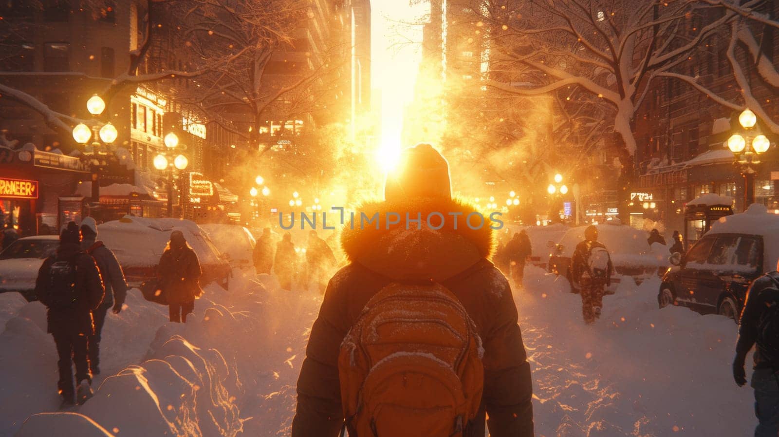 A person walking down a snowy street with snow falling