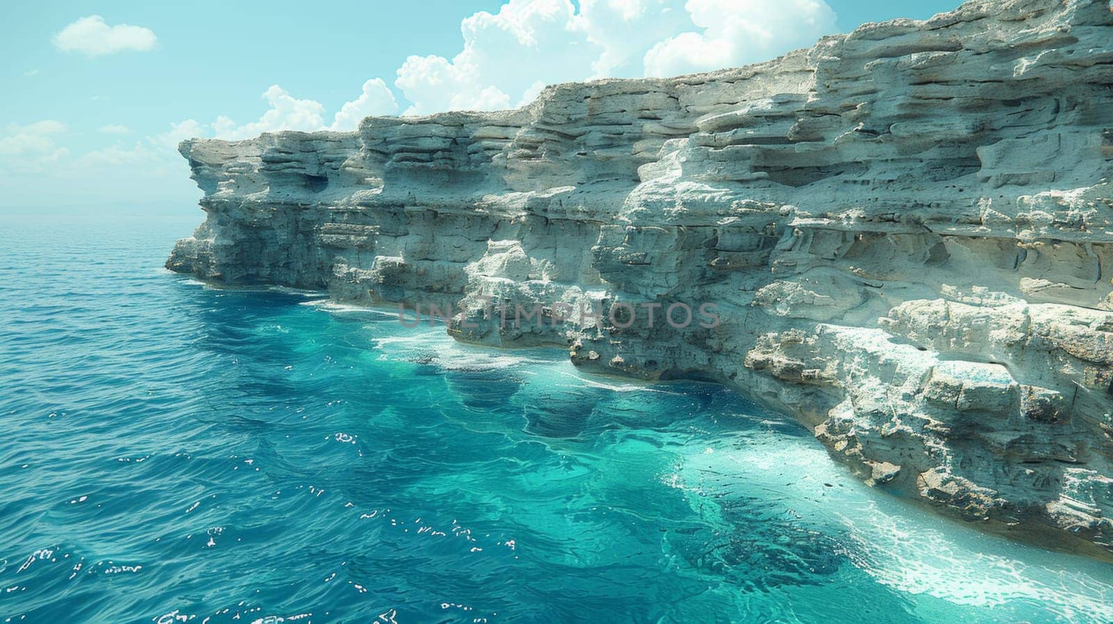 A large cliff that is in the ocean with a boat, AI by starush