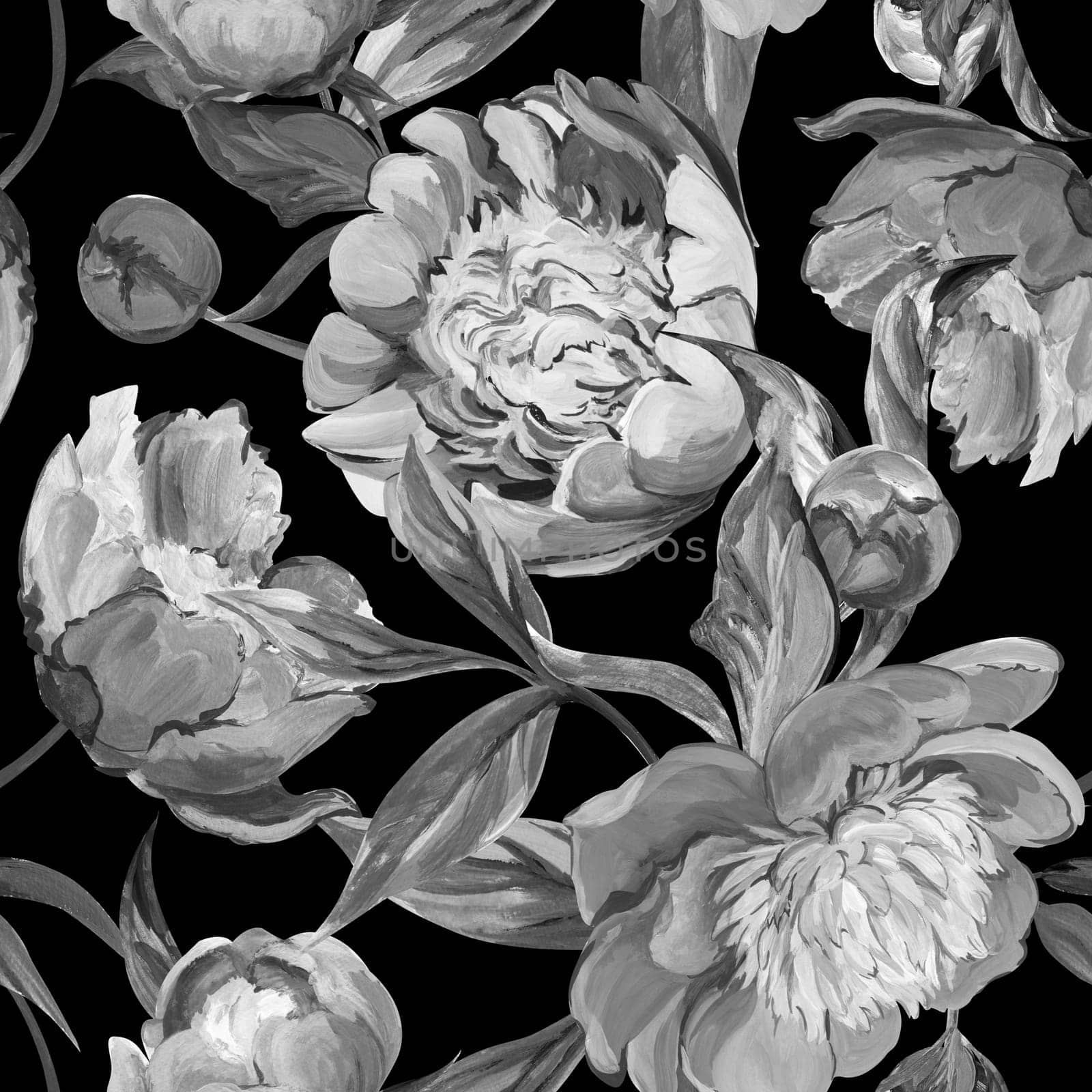 Seamless monochrome spring pattern drawn in gouache with pink peonies for trxtile