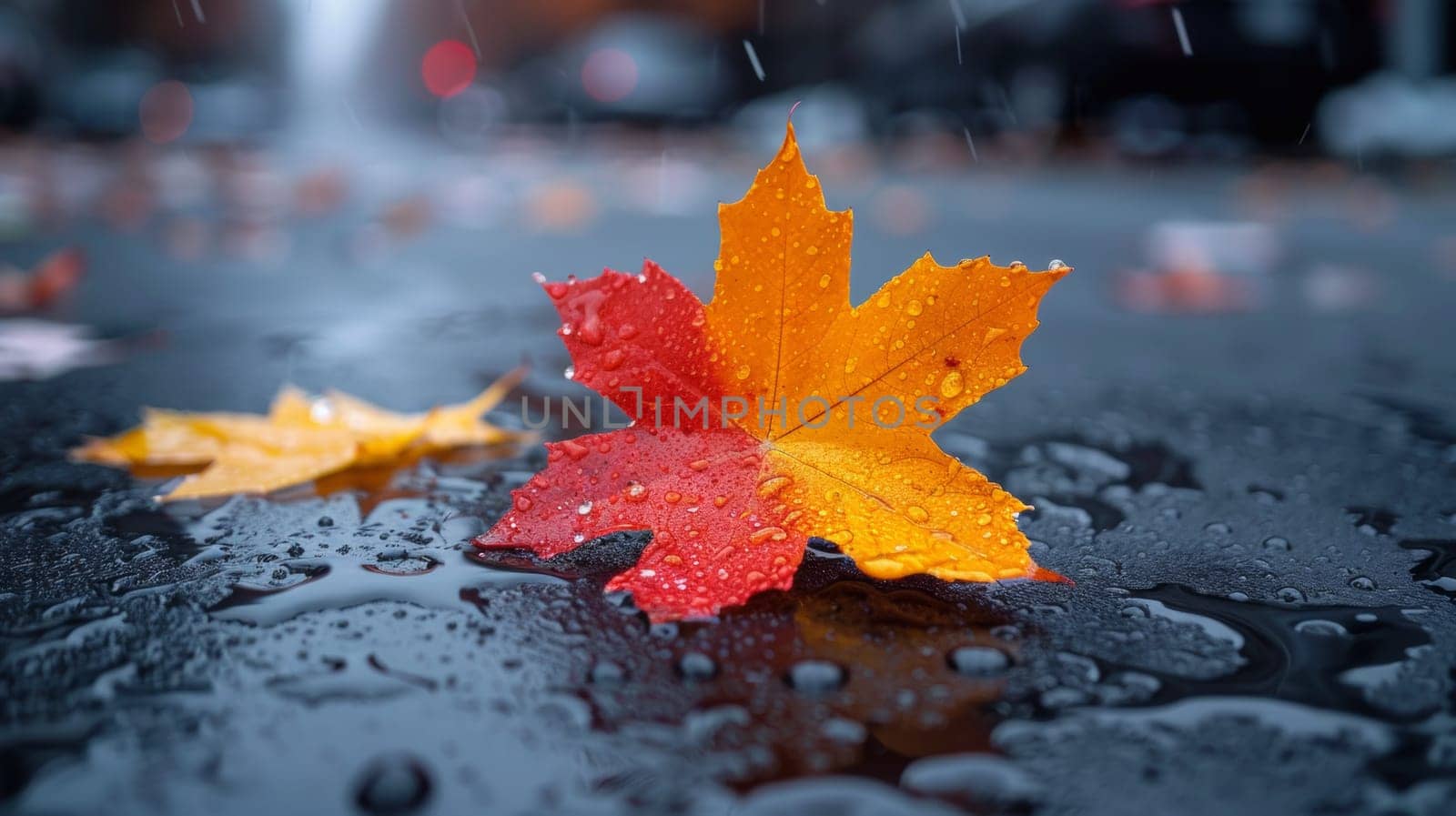 A red and yellow leaf sitting on a wet street with rain drops