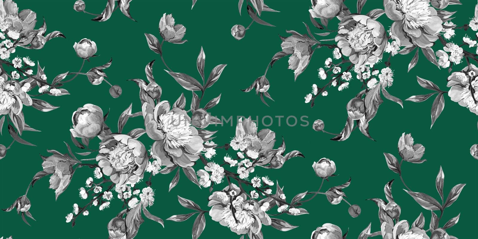 Seamless realistic pattern drawn with pink peonies in a classic oriental style by MarinaVoyush