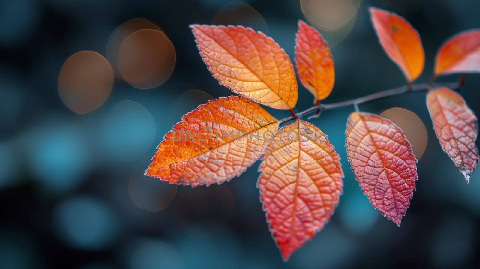 A close up of a leaf with red and orange colors