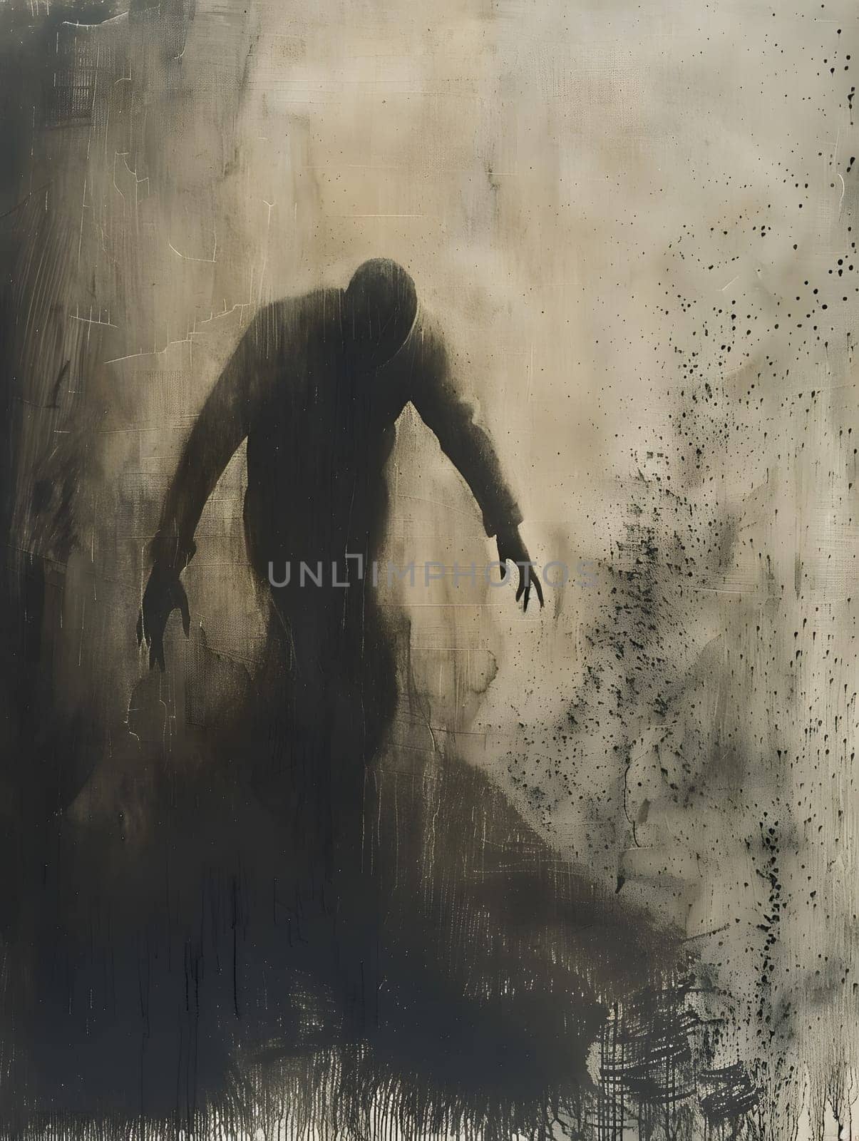 A monochromatic artwork capturing a man walking through misty darkness by Nadtochiy