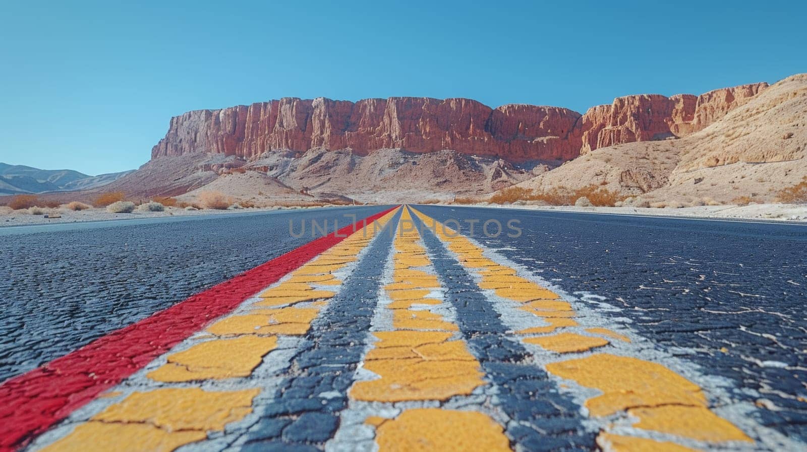 A road with a yellow stripe and red line in the middle, AI by starush