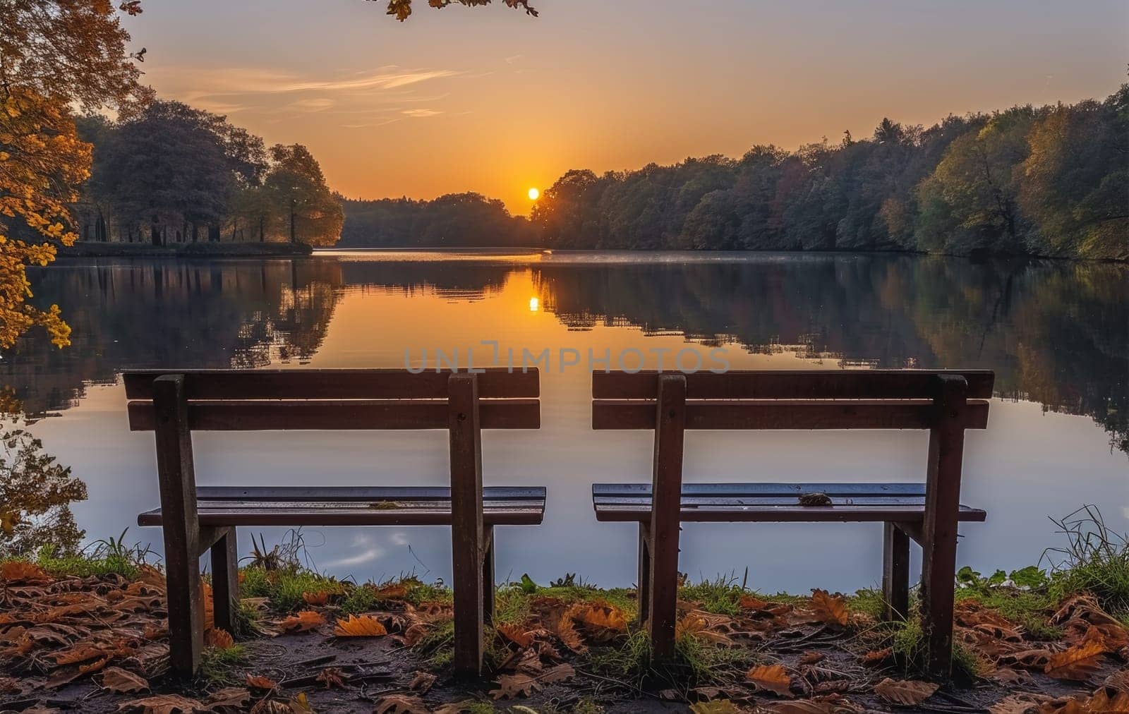 Two benches facing each other overlooking a lake at sunset, AI by starush