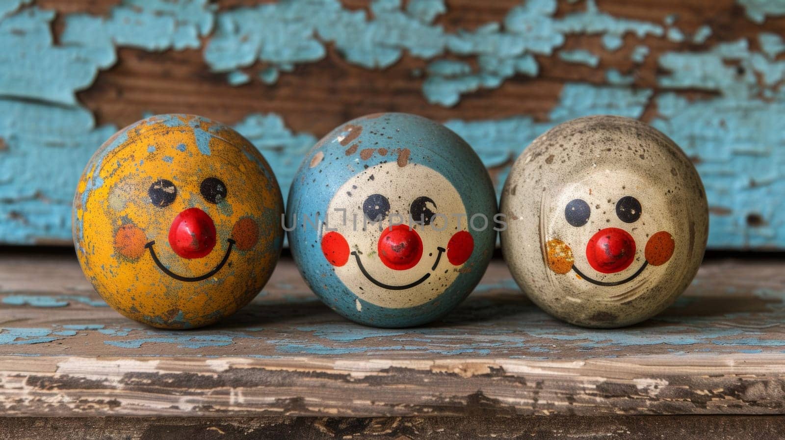 Three painted eggs with clown faces on them sit next to each other