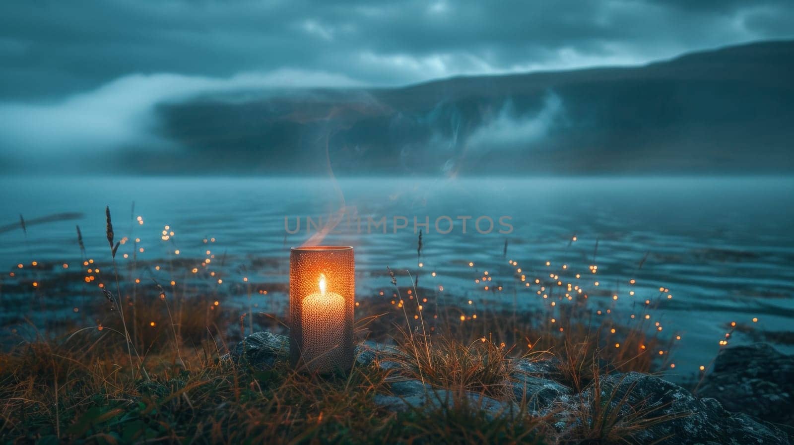 A lit candle sitting on a rock by the water