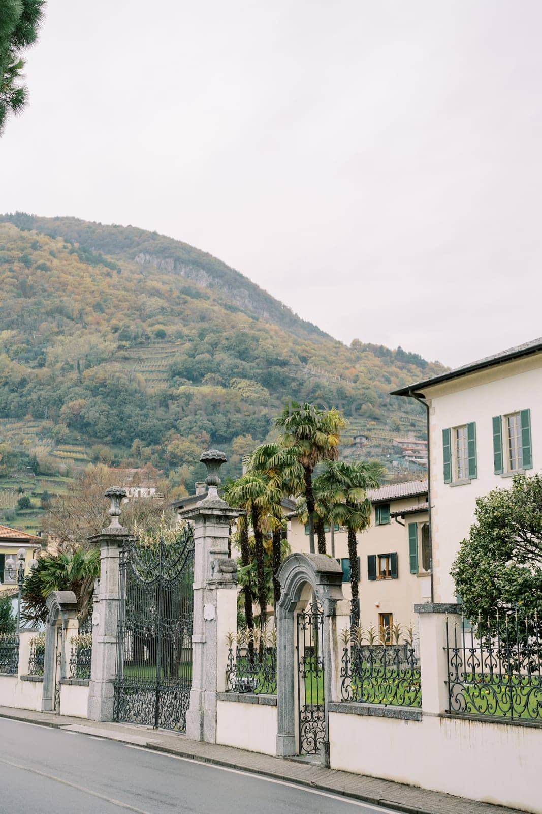 Expensive villas behind wrought-iron fences at the foot of the mountains. Lake Como, Italy by Nadtochiy