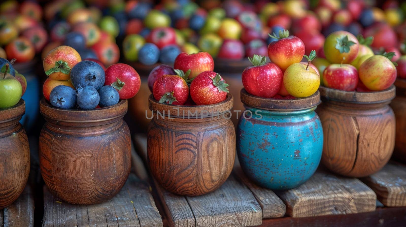 A row of wooden crates filled with apples and blueberries