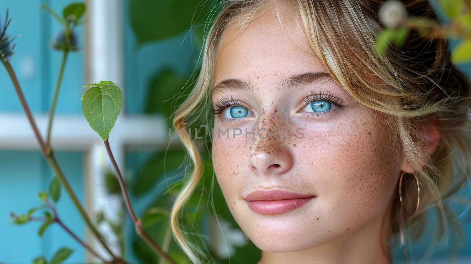 A close up of a woman with freckles and blue eyes